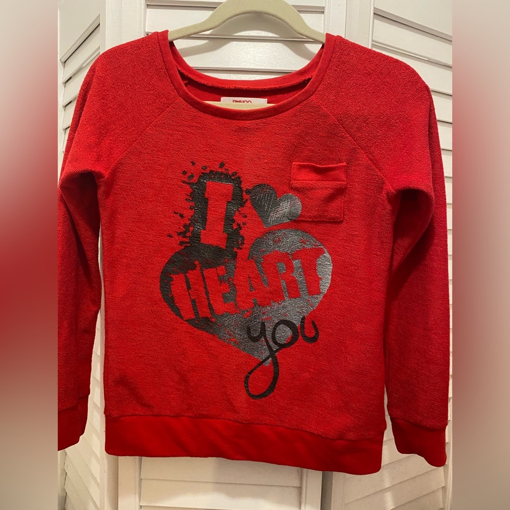 BONGO Girl’s Graphics Sweatshirt “I Heart You” Size XL (14-16) Red/Black EUC